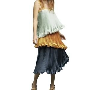Anthropologie Guapa Pleated Tiered Midi Dress Colorblock Asymmetrical Hem Blue M